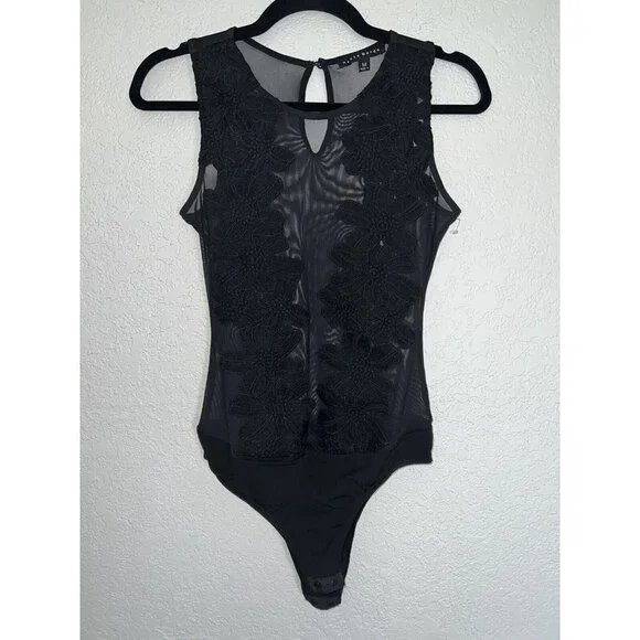 HAUTE Monde Black Bodysuit Sheer Floral Sleevless Size M Womens Sexy G - Picture 4 of 11